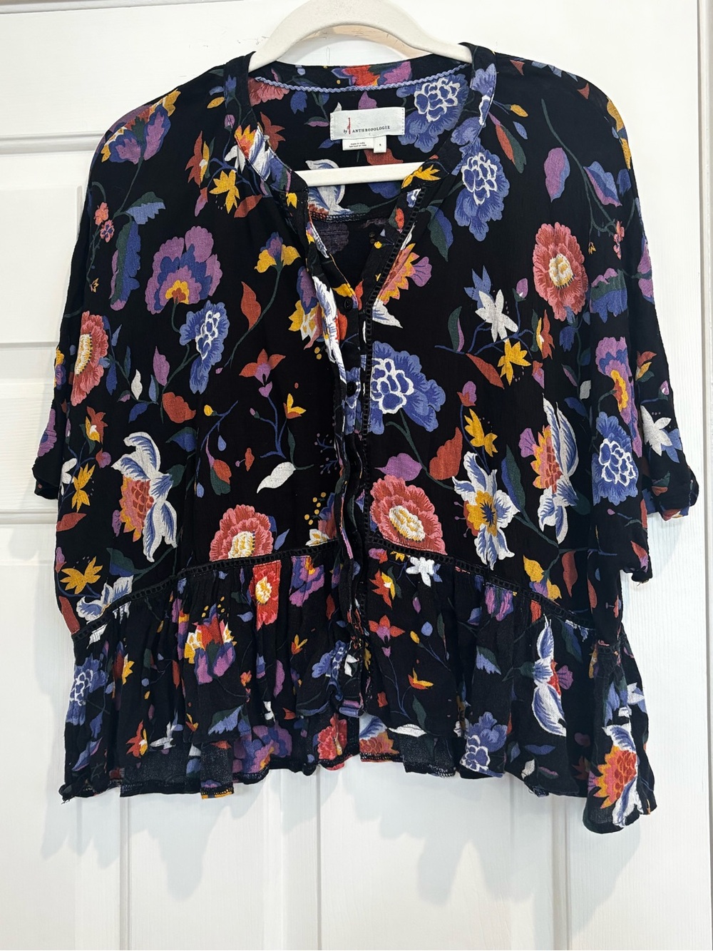 Anthropologie cropped Black Floral Peasant Blouse